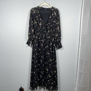 Madewell Black Floral Georgette Smocked Midi Dress Womens Sz XS Cottagecore Boho